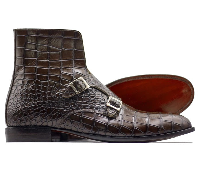 Ankle High Double Buckle Handmade Brown Alligator Leather Boots for Men's