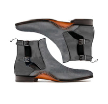 Load image into Gallery viewer, Ankle High Gray Color Chelsea Boot, Men&#39;s Handmade Suede Double Buckle Boots
