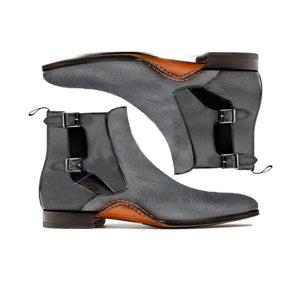 Ankle High Gray Color Chelsea Boot, Men's Handmade Suede Double Buckle Boots