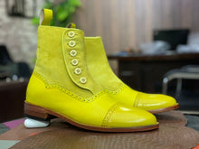 Load image into Gallery viewer, Ankle High Handmade  Men&#39;s Classic Yellow Leather Suede Boot ,Cap Toe Style Boot
