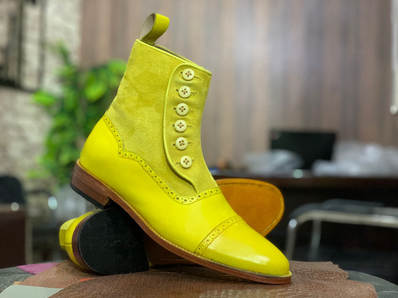 Ankle High Handmade  Men's Classic Yellow Leather Suede Boot ,Cap Toe Style Boot