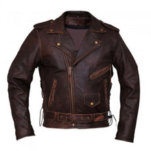 Load image into Gallery viewer, Antique Brown Biker Leather Jacket For Men Brando Style
