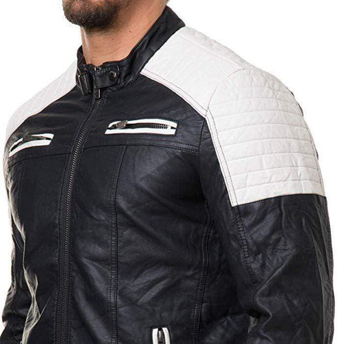 Stylish White & Black Real Leather Pocket Men's Jacket - leathersguru