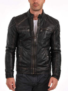 Handmade Black Distressed Leather Jacket Men's Pure Lambskin Biker Jacket - leathersguru