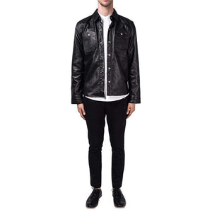 Handmade Black Lambskin Leather Collared Lightweight Jacket Over Shirt,Men genuine leather jacket - leathersguru