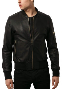 Handmade Black Leather Bomber Pure Lambskin Leather Biker Jacket - leathersguru