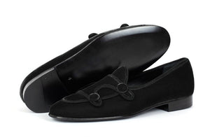 Black Belgina Loafer Velvet Shoes, Double Monk Style Men Party Shoes.