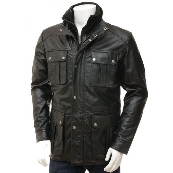 Black Leather Coat Jacket, Men Cagliari Leather Coat Blazer