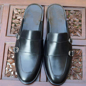 Black Leather Men's Formal Slip On Flats Sandal Loafer Shoes, Dress Shoes Men