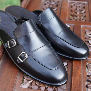 Black Leather Men's Formal Slip On Flats Sandal Loafer Shoes, Dress Shoes Men