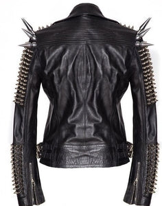 Black Women Genuine Classical Punk Style Leather Jacket Large Spike Silver Studs