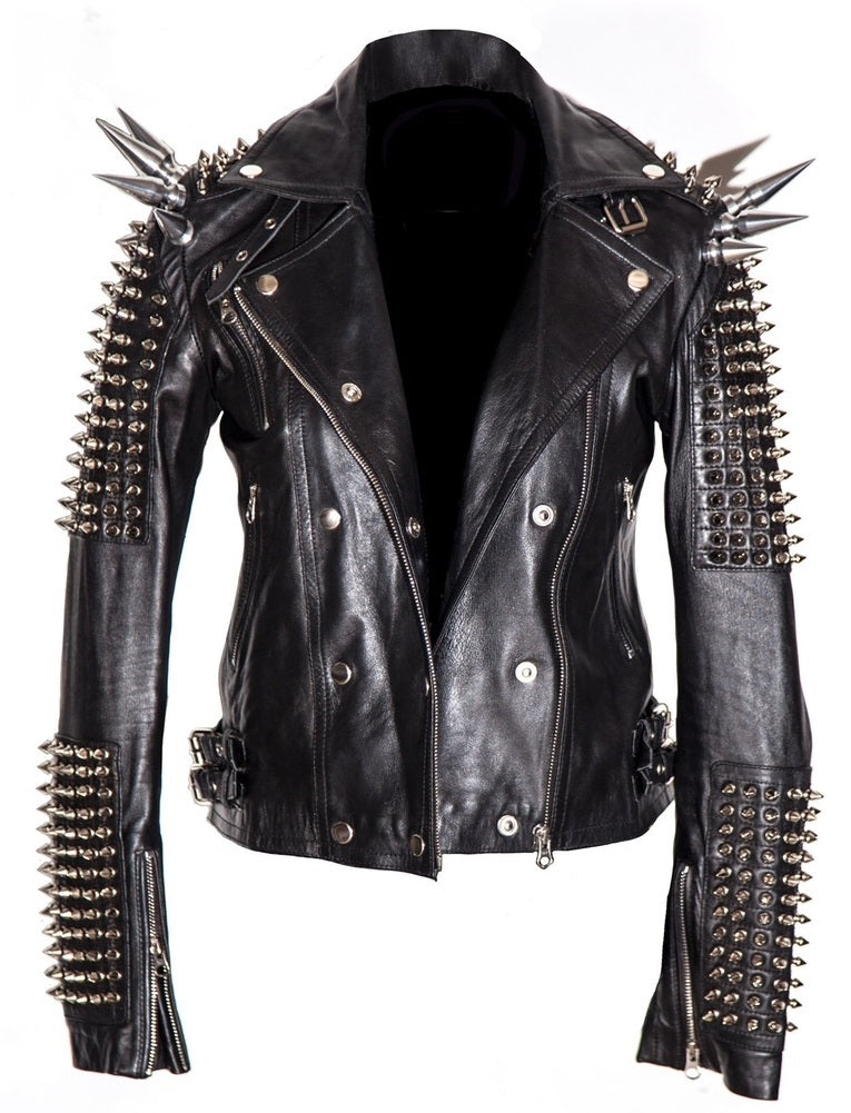 Black Women Genuine Classical Punk Style Leather Jacket Large Spike Silver Studs