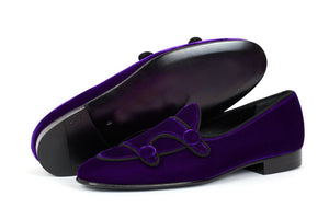 Blue Belgina Loafer Velvet Shoes, Double Monk Style Men Party Shoes
