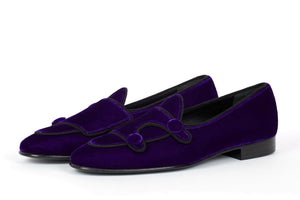 Blue Belgina Loafer Velvet Shoes, Double Monk Style Men Party Shoes