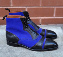 Load image into Gallery viewer, Blue Black Stylish Oxford Ankle High Boots, Cap Toe Style Men&#39;s Handmade Boot

