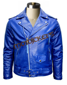 Blue Men Brando Leather Jacket Belted Biker Trendy Scooter Leather Jacket