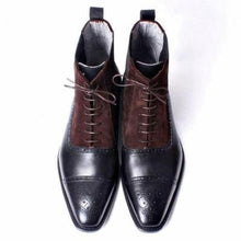 Load image into Gallery viewer, Bespoke Black Brown Leather Suede Chelsea Ankle Cap Toe Boot - leathersguru
