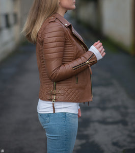 Brand New Girl's Brown Motorcycle Soft Genuine Lambskin Leather Slim Fit Jacket