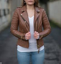 Load image into Gallery viewer, Brand New Girl&#39;s Brown Motorcycle Soft Genuine Lambskin Leather Slim Fit Jacket
