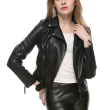 Load image into Gallery viewer, Brand New Girl&#39;s Motorcycle Wide Colar Soft Genuine Leather Moto Slim Fit Jacket
