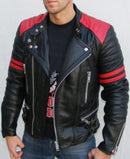 Handmade Brando Black Red Padded Power Shoulders Motorcycle Leather Jacket - leathersguru