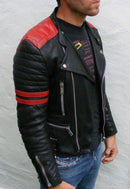 Handmade Brando Black Red Padded Power Shoulders Motorcycle Leather Jacket - leathersguru