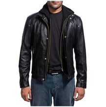 Load image into Gallery viewer, Mansions Damien Collier Black Leather, Men Hooded Leather Jacket - leathersguru
