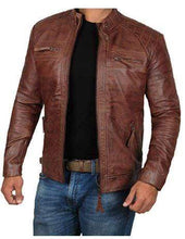 Load image into Gallery viewer, Brown Leather Cafe Racer Real Lambskin Distressed Biker Jacket - leathersguru
