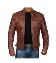 Load image into Gallery viewer, Brown Leather Cafe Racer Real Lambskin Distressed Biker Jacket - leathersguru
