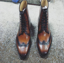 Load image into Gallery viewer, Brown Ankle high Leather boots, Mens Handmade Leather Wing tip Brouges
