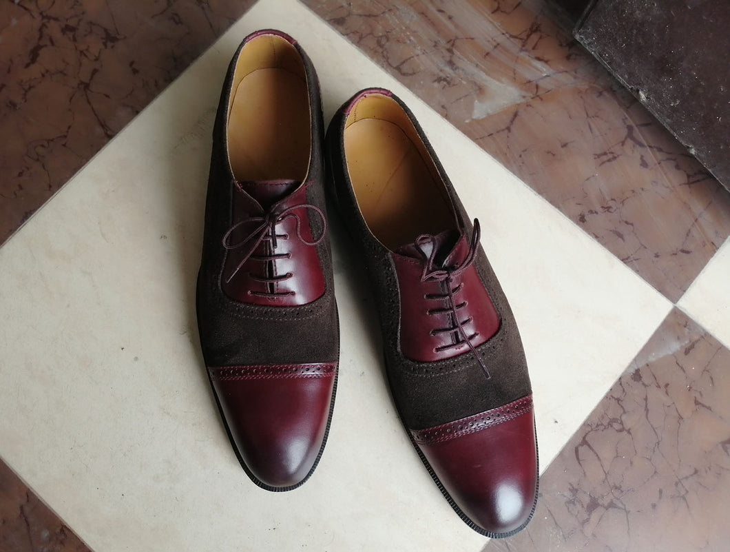 Handmade Brown Burgundy Cap Toe Lace Up Leather Suede Shoes, Stylish Dress Formal Shoes