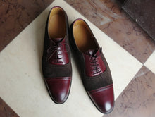 Load image into Gallery viewer, Handmade Brown Burgundy Cap Toe Lace Up Leather Suede Shoes, Stylish Dress Formal Shoes
