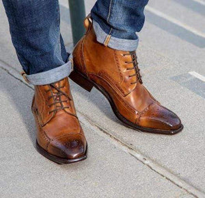 Handmade Men's Ankle High Brown Leather Cap Toe Brogue Boot - leathersguru