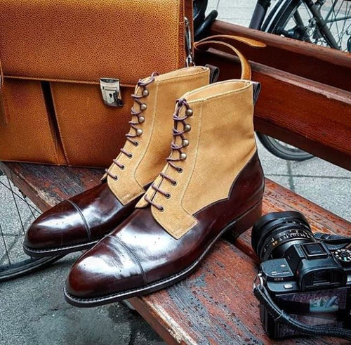 Ankle High Burgundy & Beige Cap Toe Leather Suede Boots - leathersguru