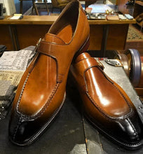 Load image into Gallery viewer, Bespoke Brown &amp; Black Leather Split Toe Monk Strap Shoe for Men - leathersguru
