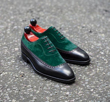 Load image into Gallery viewer, Bespoke Stylish Black Green Leather Suede Lace Up Shoes For Men
