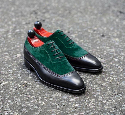 Bespoke Stylish Black Green Leather Suede Lace Up Shoes For Men