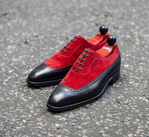 Men's Stylish Black Red Leather Suede Lace Up Shoes