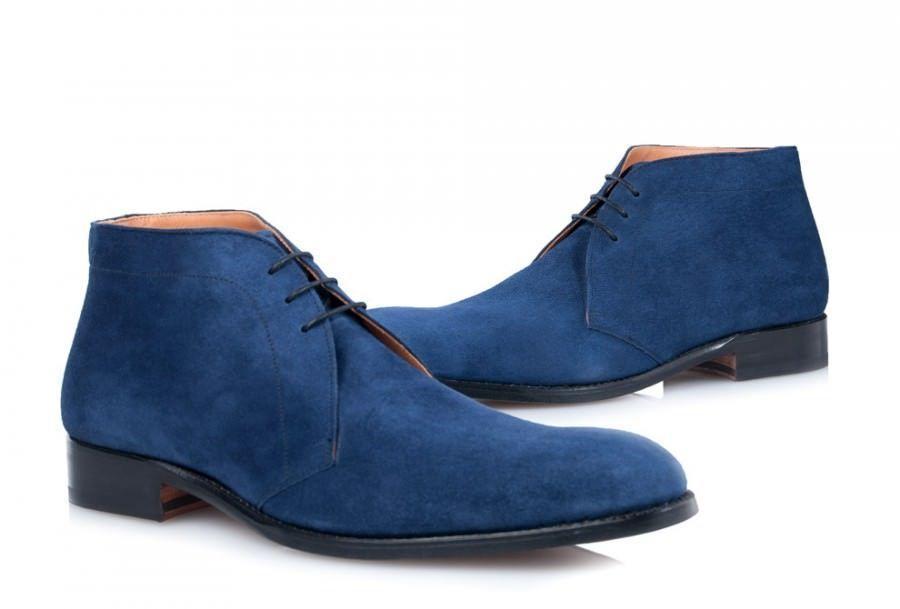 Handmade Men's Ankle High Blue Suede Chukka Lace Up Boot - leathersguru