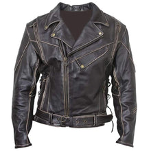 Load image into Gallery viewer, Men&#39;s Vintage Distressed Terminator Brando Biker Cowhide Leather Black Jacket - leathersguru
