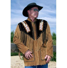 Load image into Gallery viewer, Handmade Cowboy Suede Leather Jacket, Beige Black Fringe Jacket - leathersguru
