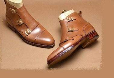 Handmade Triple Monk Tan Leather Cap Toe Boots - leathersguru