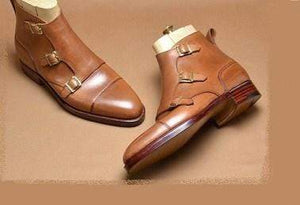 Handmade Triple Monk Tan Leather Cap Toe Boots - leathersguru