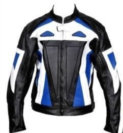 Customized Men Black White Blue Perforated Motor biker Genuine Leather Jacket