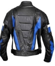 Load image into Gallery viewer, Customized Men Black White Blue Perforated Motor biker Genuine Leather Jacket
