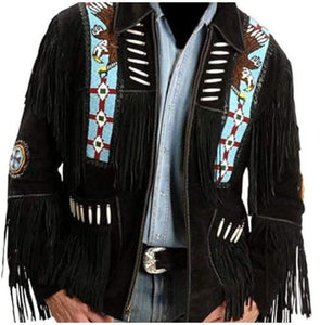 Handmade Eagle Beads Western Cowboy Black Color Suede Leather Jacket - leathersguru