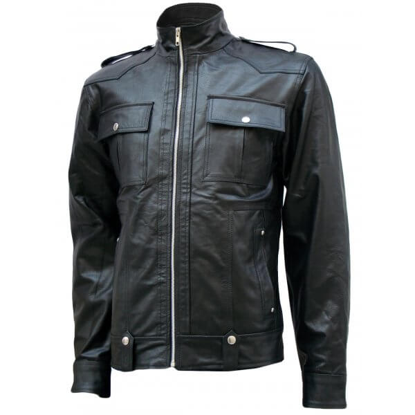 Flapper Pockets Black Leather Jacket Men 