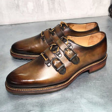 Load image into Gallery viewer, Genuine Leather Burnished Brown Color Vintage Handmade Classical Monk Men Shoes
