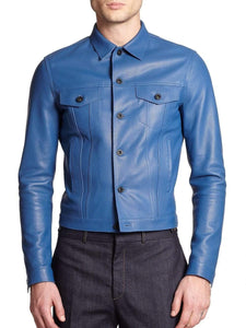 Men's Blue Leather Jacket, Men's Blue Biker Leather Jacket - leathersguru