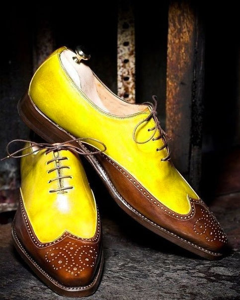 HANDMADE BROWN & YELLOW WING TIP MEN'S SHOES, OXFORD FORMAL DRESS LEATHER SHOES